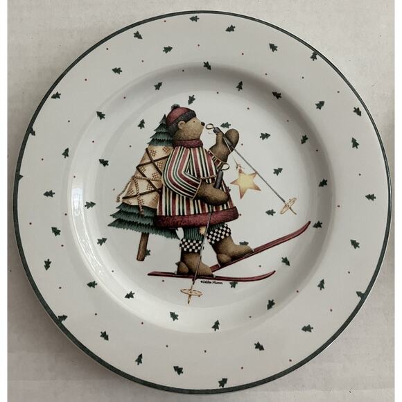 Sakura Debbie Mumm 4 Stoneware 8” Salad Dessert Plates Sledding Characters NOB - Picture 4 of 11